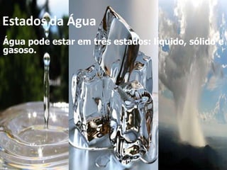 Estados da Água
Água pode estar em três estados: líquido, sólido e
gasoso.
 