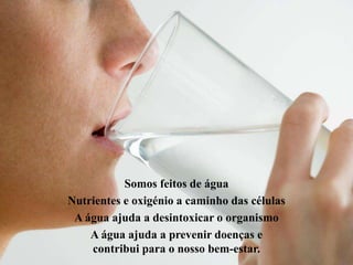 Somos feitos de água
Nutrientes e oxigénio a caminho das células
 A água ajuda a desintoxicar o organismo
    A água ajuda a prevenir doenças e
    contribui para o nosso bem-estar.
 