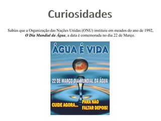 Sabias que a Organização das Nações Unidas (ONU) instituiu em meados do ano de 1992,
          O Dia Mundial da Água, a data é comemorada no dia 22 de Março.
 