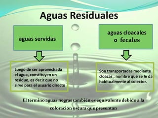 Aguas Residuales
                                              aguas cloacales
  aguas servidas                                o fecales



Luego de ser aprovechada                  Son transportadas mediante
el agua, constituyen un                   cloacas , nombre que se le da
residuo, es decir que no                  habitualmente al colector.
sirve para el usuario directo


    El término aguas negras también es equivalente debido a la
                    coloración oscura que presentan
 