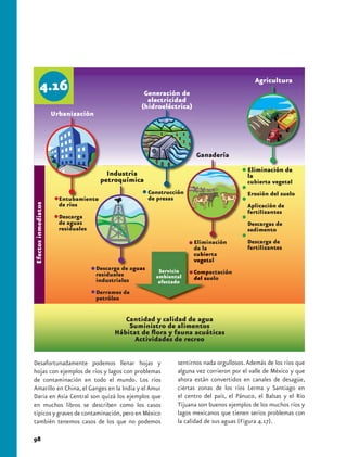 Agricultura
                                           Generación de
                                            electricidad
                                          (hidroeléctrica)
      Urbanización




                                                              Ganadería
                                                                                 Eliminación de
                            Industria                                            la
                          petroquímica                                           cubierta vegetal
                                            Construcción                         Erosión del suelo
         Entubamiento                       de presas
         de ríos                                                                 Aplicación de
                                                                                 fertilizantes
         Descarga
         de aguas                                                                Descargas de
         residuales                                                              sedimento
                                                             Eliminación         Descarga de
                                                             de la               fertilizantes
                                                             cubierta
                                                             vegetal
                        Descarga de aguas        Servicio
                        residuales                           Compactación
                                                ambiental    del suelo
                        industriales             afectado
                        Derrames de
                        petróleo


                                  Cantidad y calidad de agua
                                   Suministro de alimentos
                               Hábitat de flora y fauna acuáticas
                                     Actividades de recreo


Desafortunadamente podemos llenar hojas y              sentirnos nada orgullosos. Además de los ríos que
hojas con ejemplos de ríos y lagos con problemas       alguna vez corrieron por el valle de México y que
de contaminación en todo el mundo. Los ríos            ahora están convertidos en canales de desagüe,
Amarillo en China, el Ganges en la India y el Amur     ciertas zonas de los ríos Lerma y Santiago en
Daria en Asia Central son quizá los ejemplos que       el centro del país, el Pánuco, el Balsas y el Río
en muchos libros se describen como los casos           Tijuana son buenos ejemplos de los muchos ríos y
típicos y graves de contaminación, pero en México      lagos mexicanos que tienen serios problemas con
también tenemos casos de los que no podemos            la calidad de sus aguas (Figura 4.17).

98
 