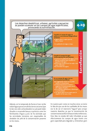Los desechos domésticos, urbanos, agrícolas y pecuarios
       se pueden acumular en los cuerpos de agua superficiales,
                    provocando su eutrofización.


                                                            Cuando un cuerpo de agua es
                                                            pobre en nutrimentos (oligotrófico)
                                                            presenta:
                                                              Aguas claras y aptas para la
                                                              flora y fauna

                                                              La población de algas es baja.




                                                                                                        Eutrofización
                                                            Cuando el cuerpo de agua
                                                            recibe aportes de nutrimentos:
                                                              Aumenta la población de algas y otras
                                                              plantas acuáticas que recubren la
                                                              superficie del agua
                                                              Disminuye el paso de la luz solar a las
                                                              capas inferiores
                                                              Se enturbian las aguas.




                                                            En un cuerpo de agua rico en
                                                            nutrimentos (eutrófico):
                                                             La vegetación muere al no poder
                                                              realizar la fotosíntesis
                                                              Al descomponerse la materia
                                                              orgánica, se consume gran parte
                                                              del oxígeno disuelto.
                                                              Se acumulan sedimentos y disminuye
                                                              su profundidad.
                                                              Las aguas dejan de ser aptas para la
                                                              mayoría de los seres vivos.




Además, en la temporada de lluvias el mar recibe        En nuestro país -como en muchos otros- se tenía
toda el agua que escurre de las tierras cercanas (que   la idea de que una de las cualidades de los mares
le dan ese color achocolatado), la cual pudo haber      era la de ser el reservorio “seguro” para arrojar
disuelto o arrastrado basura o químicos como los        nuestros desechos ya que la concentración de
fertilizantes (Figura 4.20). Se ha estimado que         contaminantes se diluiría hasta niveles inofensivos.
las actividades terrestres son responsables de          Esta idea no estaba del todo infundada ya que
alrededor de 70% de la contaminación presente           efectivamente los cuerpos de agua tienen una
en los mares.                                           gran capacidad para degradar y mineralizar gran

104
 