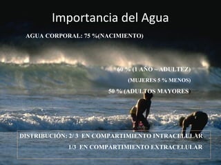 Importancia del AguaImportancia del Agua
AGUA CORPORAL: 75 %(NACIMIENTO)
60 % (1 AÑO – ADULTEZ)
(MUJERES 5 % MENOS)
50 % (ADULTOS MAYORES)
DISTRIBUCIÓN: 2/ 3 EN COMPARTIMIENTO INTRACELULAR
1/3 EN COMPARTIMIENTO EXTRACELULAR
 