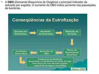 • A DBO (Demanda Bioquímica de Oxigênio) o principal indicador de
poluição por esgotos. O aumento da DBO indica aumento nas populações
de bactérias.
 