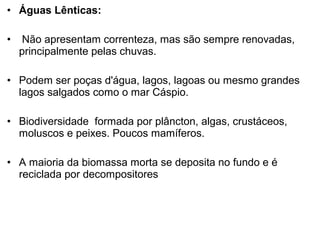 • Águas Lênticas:
• Não apresentam correnteza, mas são sempre renovadas,
principalmente pelas chuvas.
• Podem ser poças d'água, lagos, lagoas ou mesmo grandes
lagos salgados como o mar Cáspio.
• Biodiversidade formada por plâncton, algas, crustáceos,
moluscos e peixes. Poucos mamíferos.
• A maioria da biomassa morta se deposita no fundo e é
reciclada por decompositores
 