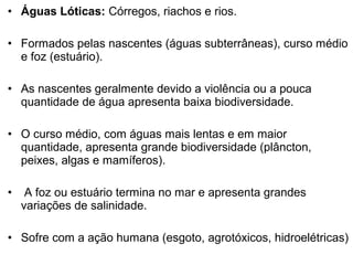 • Águas Lóticas: Córregos, riachos e rios.
• Formados pelas nascentes (águas subterrâneas), curso médio
e foz (estuário).
• As nascentes geralmente devido a violência ou a pouca
quantidade de água apresenta baixa biodiversidade.
• O curso médio, com águas mais lentas e em maior
quantidade, apresenta grande biodiversidade (plâncton,
peixes, algas e mamíferos).
• A foz ou estuário termina no mar e apresenta grandes
variações de salinidade.
• Sofre com a ação humana (esgoto, agrotóxicos, hidroelétricas)
 