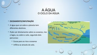 A ÁGUA

O CICLO DA ÁGUA
• ESCOAMENTO/INFILTRAÇÃO
• A água que cai sobre o planeta tem
diferentes destinos.
• Pode cair diretamente sobre os oceanos, rios
e lagos, ou sobre o solo, seguindo dois
percursos:
• Escoa para os rios e oceanos
• Infiltra-se através do solo.

 