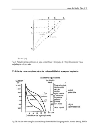 Agua del Suelo. Pág. 215
θ = Hv (%)
Fig.6 Relación entre contenido de agua volumétrica y potencial de retención para una vía de
mojado y otra de secado
2.5. Relación entre energía de retención y disponibilidad de agua para las plantas
Fig.7 Relación entre energía de retención y disponibilidad de agua para las plantas (Brady, 1990)
 