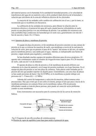Pág. 222 5. Agua del Suelo
del material poroso con la humedad; b) la cantidad de humedad presente; c) la velocidad de
transferencia del agua de un material a otro y d) la conductividad eléctrica de la humedad o
solución que está dentro de la zona de influencia eléctrica de los electrodos.
La mayoría de las unidades sufre cambios de calibración con el uso, y por lo tanto, se
recomienda que se recalibren con frecuencia.
La calibración de las unidades de resistencia, para obtener la relación entre la
resistencia eléctrica y el potencial de agua del suelo, puede hacerse colocándolas en suelo
puesto en una placa porosa o en una membrana de presión. Las unidades de resistencia son
más confiables bajo condiciones de humedad que en suelo seco, generalmente con más de 1
bar de succión y hasta 14 o 15 bares.
xxx) Aparatos de placa y membrana de presión.
El equipo de placa de presión y el de membrana de presión consisten en una cámara de
presión en la que se colocan las muestras de suelo, una membrana a través de la cual pasa la
solución de suelo, pero que no permite el paso de la "matriz" del mismo ni del aire, un soporte
para la membrana porosa y una salida para el agua. Además, es indispensable una fuente de
presión y algún método para regularla y controlarla.
Se han diseñado muchos equipos de tamaños diferentes para diversos propósitos. El
aparato más comúnmente usado en estudios de irrigación tiene espacio para 10 a 20 muestras
de suelo, cada una de 5 cm de diámetro.
El aparato de placa (u olla) de presión y el de membrana de presión difieren casi
solamente en la clase de material y en el rango de presión resultante, en el que funciona. En el
equipo de placa de presión se usa una placa de cerámica. Tales placas están limitadas por la
presión del aire que pueden soportar sin dejarlo pasar. Generalmente, con esta clase de placas
se han usado presiones de hasta 1 bar (0,10 MPa), en la membrana se puede trabajar con
presiones de 1 - 5 bares (0,1 - 1,5 MPa).
Además del control de temperatura y selección de muestras, deben tomarse otras
precauciones. Hay que evitar que el aire entre al sistema, porque el aire que pasa a través de la
membrana permanece en contacto firme con la membrana o placa. Ello no presenta
dificultades cuando se trata de placas porosas, pero puede ser causa de serios problemas
cuando se usan membranas.
Estos instrumentos son necesarios para la construcción de las curvas de retención
hídrica.
Fig.11 Esquema de una olla con placa de cerámica porosa
b) Presión de vapor de equilibrio como base para medir el potencial de agua.
 