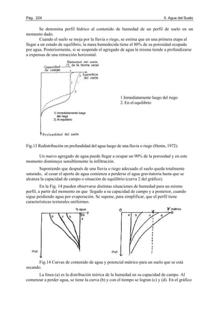 Pág. 224 5. Agua del Suelo
Se denomina perfil hídrico al contenido de humedad de un perfil de suelo en un
momento dado.
Cuando el suelo se moja por la lluvia o riego, se estima que en una primera etapa al
llegar a un estado de equilibrio, la masa humedecida tiene el 80% de su porosidad ocupada
por agua. Posteriormente, si se suspende el agregado de agua la misma tiende a profundizarse
a expensas de una retracción horizontal.
Fig.13 Redistribución en profundidad del agua luego de una lluvia o riego (Henin, 1972).
Un nuevo agregado de agua puede llegar a ocupar un 90% de la porosidad y en este
momento disminuye sensiblemente la infiltración.
Suponiendo que después de una lluvia o riego adecuado el suelo queda totalmente
saturado, al cesar el aporte de agua comienza a perderse el agua gravitatoria hasta que se
alcanza la capacidad de campo o situación de equilibrio (curva 2 del gráfico).
En la Fig. 14 pueden observarse distintas situaciones de humedad para un mismo
perfil, a partir del momento en que llegado a su capacidad de campo y a posterior, cuando
sigue perdiendo agua por evaporación. Se supone, para simplificar, que el perfil tiene
características texturales uniformes.
Fig.14 Curvas de contenido de agua y potencial mátrico para un suelo que se está
secando.
La línea (a) es la distribución teórica de la humedad en su capacidad de campo. Al
comenzar a perder agua, se tiene la curva (b) y con el tiempo se logran (c) y (d). En el gráfico
1.Inmediatamente luego del riego
2. En el equilibrio
 