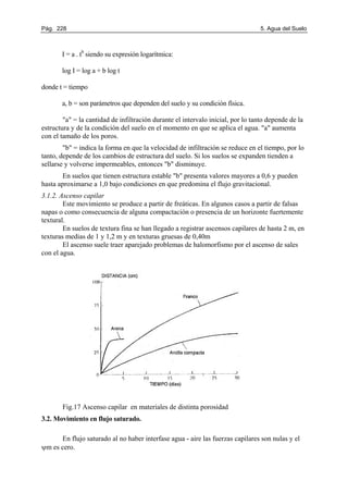 Pág. 228 5. Agua del Suelo
I = a . tb
siendo su expresión logarítmica:
log I = log a + b log t
donde t = tiempo
a, b = son parámetros que dependen del suelo y su condición física.
"a" = la cantidad de infiltración durante el intervalo inicial, por lo tanto depende de la
estructura y de la condición del suelo en el momento en que se aplica el agua. "a" aumenta
con el tamaño de los poros.
"b" = indica la forma en que la velocidad de infiltración se reduce en el tiempo, por lo
tanto, depende de los cambios de estructura del suelo. Si los suelos se expanden tienden a
sellarse y volverse impermeables, entonces "b" disminuye.
En suelos que tienen estructura estable "b" presenta valores mayores a 0,6 y pueden
hasta aproximarse a 1,0 bajo condiciones en que predomina el flujo gravitacional.
3.1.2. Ascenso capilar
Este movimiento se produce a partir de freáticas. En algunos casos a partir de falsas
napas o como consecuencia de alguna compactación o presencia de un horizonte fuertemente
textural.
En suelos de textura fina se han llegado a registrar ascensos capilares de hasta 2 m, en
texturas medias de 1 y 1,2 m y en texturas gruesas de 0,40m
El ascenso suele traer aparejado problemas de halomorfismo por el ascenso de sales
con el agua.
Fig.17 Ascenso capilar en materiales de distinta porosidad
3.2. Movimiento en flujo saturado.
En flujo saturado al no haber interfase agua - aire las fuerzas capilares son nulas y el
ψm es cero.
 
