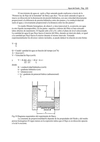 Agua del Suelo. Pág. 229
El movimiento de agua en suelo a flujo saturado puede explicarse a través de la
"Primera ley de flujo de la humedad" de Darcy que dice: "En un suelo saturado el agua se
mueve en dirección de la disminución de presión hidráulica, con una velocidad directamente
proporcional a la diferencia de presión hidráulica entre dos puntos y la conductividad del
suelo al agua; e inversamente proporcional a la distancia entre los dos puntos".
Un medio filtrante homogéneo, de altura L y área transversal A, se percola con agua
(u otro líquido incompresible). En las partes superior e inferior del filtro se han colocado
tubos abiertos de manómetro. El líquido sube a h2 y h1, sobre el plano de nivel seleccionado.
La cantidad de agua Q que fluye hacia el interior del filtro, durante un intervalo dado, es igual
a la cantidad que fluye hacia el exterior durante el mismo intervalo. Variando
experimentalmente los diversos valores incluidos, se puede deducir la relación en esta forma:
V = Q
A
Q = Caudal: cantidad de agua en función del tiempo (cm3
/h)
A = Area (cm2
)
V = Velocidad de flujo (cm/h)
y V = -K (h2 - h1) = -K h = -k x i
Z2 - Z1 L
donde:
K = conductividad hidráulica (cm/h)
h = gradiente hidráulico (cm)
L = distancia (cm)
i = h = gradiente de potencial hídrico (adimensional)
L
Fig.18 Diagrama esquemático del experimento de Darcy
La constante de proporcionalidad K depende de las propiedades del fluido y del medio
poroso homogéneo El signo menos en la expresión indica que el flujo es en dirección opuesta
a la de h creciente.
 