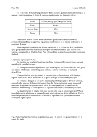 Pág. 208 5. Agua del Suelo
El coeficiente de marchitez permanente de los suelos depende fundamentalmente de la
textura y materia orgánica. A título de ejemplo, pueden darse las siguientes cifras:
Arena 2-5% en peso (g agua/100 g suelo seco)
Limo 8-10%
Limo arcilloso 15%
Turba 50%
De acuerdo a estos valores puede observarse que el coeficiente de marchitez
permanente depende de la superficie específica; cuanto mayor es la misma, tanto mayor el
contenido de agua.
Otra vía para la determinación de este coeficiente es la evaluación de la cantidad de
agua que puede retener una muestra de suelo previamente saturada de agua cuando se la
somete a una presión de 15 atmósferas. Para ello se utiliza un aparato denominado Membrana
Richard.
Coeficiente higroscópico (CH):
Se ha visto que en el coeficiente de marchitez permanente los suelos tienen aún una
considerable cantidad de agua.
El suelo puede continuar perdiendo agua hasta llegar a una desecación casi total, pero
aún en este estado sigue teniendo agua en cantidad variable conforme a la humedad
atmosférica.
Esta cantidad de agua que envuelve las partículas en forma de una película cuyo
espesor sería de una pocas moléculas, es lo que constituye la humedad higroscópica.
El contenido de agua de los suelos en el coeficiente higroscópico depende también,
como el valor anterior, de la superficie específica. En forma estimativa puede tomarse el
contenido de agua en este punto como la mitad del correspondiente al coeficiente de
marchitez permanente y la cuarta parte de la capacidad de campo o humedad equivalente.
La determinación se efectúa poniendo una muestra seca en un ambiente con 99% de
humedad relativa, efecto que se logra colocando un recipiente con ácido sulfúrico al 2%. La
humedad presente en el suelo una vez alcanzado el equilibrio es la que se conoce como
coeficiente higroscópico.
Fig.4 Relación entre el espesor de las películas de agua y la tensión con que es retenida por la
matriz del suelo.
 