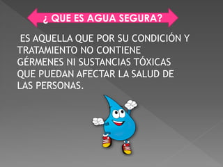 ES AQUELLA QUE POR SU CONDICIÓN Y
TRATAMIENTO NO CONTIENE
GÉRMENES NI SUSTANCIAS TÓXICAS
QUE PUEDAN AFECTAR LA SALUD DE
LAS PERSONAS.
¿ QUE ES AGUA SEGURA?