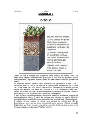 CIÊNCIAS 5ª SÉRIE CEESVO
20
MÓDULO 3
O SOLO
Chama-se solo a camada mais superficial (mais externa) do planeta Terra. De
forma muito simples, podemos dizer que solo é o chão que nós pisamos, o local
onde plantamos, erguemos nossas casas etc. Mas como o solo do planeta ser
formou?
No início dos tempos, havia na Terra apenas rochas gigantescas e água. Com o
passar dos anos, as chuvas, os ventos e as mudanças de temperatura (de frio para
calor e de calor para frio) foram fragmentando (despedaçando) essas grandes
rochas. Os pedaços que delas se formaram, é o que conhecemos hoje como
pedras, terra, areia etc., que, ao se misturarem com os restos de animais, plantas e
outros seres mortos, formaram o solo como hoje conhecemos.
O solo da Terra, como já dissemos, começa na superfície do planeta e desce até
aproximadamente 30cm. A partir daí começa uma camada um pouco diferente,
chamada subsolo, que já não possui as substâncias necessárias à vida das plantas.
O subsolo termina quando se atinge uma camada de rochas que não se
despedaçaram com o tempo, tendo permanecido como eram no início da formação
do planeta e que foram cobertas pelo solo e o subsolo. A esta camada dá-se o nome
de rocha -matriz ou rocha-base. Veja figura acima.
 