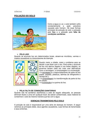 CIÊNCIAS 5ª SÉRIE CEESVO
21
POLUIÇÃO DO SOLO
Como a água e o ar, o solo também sofre
constantemente a ação poluidora
causada pelo homem. Há duas formas
principais de poluição do solo: a poluição
pelo lixo e a poluição pela falta de
condições sanitárias.
PELO LIXO
Quando se acumula lixo em determinados locais, atraem-se micróbios, vermes e
insetos causadores ou transmissores de doenças.
Quanto maior a cidade, maior o problema para se
decidir o que fazer com o lixo. Para evitar o acúmulo
de lixo nos aterros (legais) e nos lixões (ilegais), os
governos tentam cada vez mais usar alternativas
como a reciclagem, a compostagem e a incineração:
• A reciclagem é o reaproveitamento de parte do lixo
(papel, papelão, plásticos, latinhas de refrigerante e
cerveja etc.).
• A compostagem é a transformação de parte do lixo
em adubo.
• A incineração é a queima do lixo.
PELA FALTA DE CONDIÇÕES SANITÁRIAS
Quando não há sanitários (banheiros) e rede de esgoto adequada, as pessoas
eliminam fezes e urina em qualquer local. Se estiver contaminado, esse material irá
contaminar o solo da mesma maneira que faz com a água.
DOENÇAS TRANSMITIDAS PELO SOLO
A poluição do solo é responsável por uma série de doenças do homem. A seguir
veremos as principais delas, seus agentes causadores, suas formas de transmissão
e seus sintomas.
 