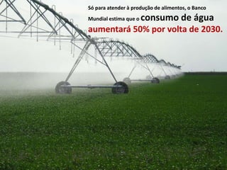Só para atender à produção de alimentos, o Banco
Mundial estima que o consumo de água
aumentará 50% por volta de 2030.
 