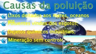 Lixos deitados aos mares, oceanos
etcPoluentes vindos dos esgotos;
Dejetos químicos industriais;
Mineração sem controlo.
 