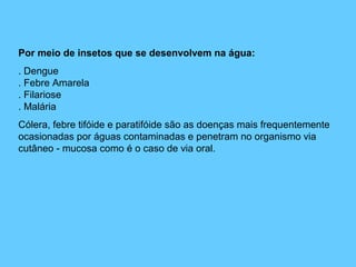 Por meio de insetos que se desenvolvem na água:
. Dengue
. Febre Amarela
. Filariose
. Malária
Cólera, febre tifóide e paratifóide são as doenças mais frequentemente
ocasionadas por águas contaminadas e penetram no organismo via
cutâneo - mucosa como é o caso de via oral.
 
