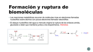  Las reacciones metabólicas recurren de moléculas ricas en electrones llamadas
nucleofilos sobre átomos con pocos electrones llamador electrófilos
 El ataque nucleofilico del agua a menudo origina la ruptura de los enlaces amida,
glucósido o éster que mantiene juntos a los biopolímeros. Hidrolisis
 