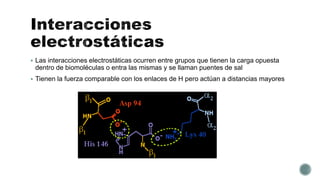  Las interacciones electrostáticas ocurren entre grupos que tienen la carga opuesta
dentro de biomoléculas o entra las mismas y se llaman puentes de sal
 Tienen la fuerza comparable con los enlaces de H pero actúan a distancias mayores
 