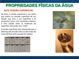 ALTA TENSÃO SUPERFICIAL
Na física, a tensão superficial é um efeito
que ocorre na camada superficial de um
líquido que leva a sua superfície a se
comportar como uma membrana elástica.
É uma coesão entre as moléculas da
superfície, formando uma "rede".
A tensão superficial está relacionada com a
diferença de pressão entre os dois lados de
uma interface pela equação de Laplace.
PROPRIEDADES FÍSICAS DA ÁGUAPROPRIEDADES FÍSICAS DA ÁGUA
 