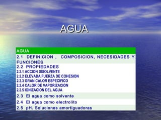 AGUAAGUA
AGUA
2.1  DEFINICION , COMPOSICION, NECESIDADES Y
FUNCIONES
2.2  PROPIEDADES
2.2.1 ACCION DISOLVENTE
2.2.2 ELEVADA FUERZA DE COHESION
2.2.3 GRAN CALOR ESPECIFICO
2.2.4 CALOR DE VAPORIZACION
2.2.5 IONIZACION DEL AGUA
2.3  El agua como solvente
2.4  El agua como electrolito
2.5  pH. Soluciones amortiguadoras
 