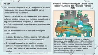 Relatório Mundial das Nações Unidas sobre
Desenvolvimento dos Recursos Hídricos
2018
As SbN :
São fundamentais para alcançar os objetivos e as metas
relacionadas com a água da Agenda 2030 para o
Desenvolvimento Sustentável.
Geram cobenefícios sociais, econômicos e ambientais,
incluindo a saúde humana e os meios de subsistência, a
segurança alimentar e energética, o crescimento
econômico sustentável, a reabilitação de ecossistemas e
a biodiversidade.
São um meio essencial de ir além das abordagens
convencionais:
ü A gestão de recursos hídricos assenta na tradicional
infraestrutura hídrica “cinza” (construída/física)
ü É necessário encontrar um equilíbrio entre as
soluções “verdes” (fornecidas pela natureza) e as
“cinzas”, para melhorar a eficiência e minimizar os
custos.
A edição de 2018 coloca em evidência as soluções
baseadas na natureza (SbN) ou em inglês, nature-based
solutions (NBS). As SbN são inspiradas e apoiadas pela
natureza e usam, ou simulam, processos naturais a fim
de contribuir para o aperfeiçoamento da gestão da água,
para melhorar a segurança hídrica e para oferecer
cobenefícios vitais em todos os aspetos do
desenvolvimento sustentável.
http://www.unesco.org/new/pt/brasilia/natural-sciences/environment/wwdr/
 