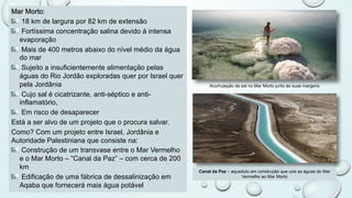 Mar Morto:
18 km de largura por 82 km de extensão
Fortíssima concentração salina devido à intensa
evaporação
Mais de 400 metros abaixo do nível médio da água
do mar
Sujeito a insuficientemente alimentação pelas
águas do Rio Jordão exploradas quer por Israel quer
pela Jordânia
Cujo sal é cicatrizante, anti-séptico e anti-
inflamatório,
Em risco de desaparecer
Está a ser alvo de um projeto que o procura salvar.
Como? Com um projeto entre Israel, Jordânia e
Autoridade Palestiniana que consiste na:
Construção de um transvase entre o Mar Vermelho
e o Mar Morto – “Canal da Paz” – com cerca de 200
km
Edificação de uma fábrica de dessalinização em
Aqaba que fornecerá mais água potável
Canal da Paz – aqueduto em construção que une as águas do Mar
Vermelho ao Mar Morto
Acumulação de sal no Mar Morto junto às suas margens
 