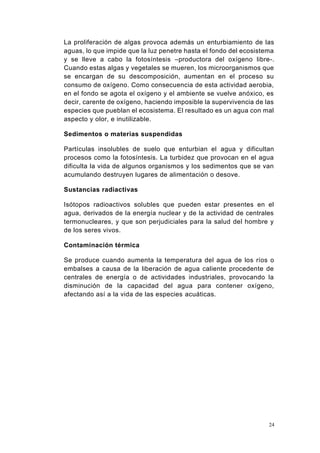 24
La proliferación de algas provoca además un enturbiamiento de las
aguas, lo que impide que la luz penetre hasta el fondo del ecosistema
y se lleve a cabo la fotosíntesis –productora del oxígeno libre-.
Cuando estas algas y vegetales se mueren, los microorganismos que
se encargan de su descomposición, aumentan en el proceso su
consumo de oxígeno. Como consecuencia de esta actividad aerobia,
en el fondo se agota el oxígeno y el ambiente se vuelve anóxico, es
decir, carente de oxígeno, haciendo imposible la supervivencia de las
especies que pueblan el ecosistema. El resultado es un agua con mal
aspecto y olor, e inutilizable.
Sedimentos o materias suspendidas
Partículas insolubles de suelo que enturbian el agua y dificultan
procesos como la fotosíntesis. La turbidez que provocan en el agua
dificulta la vida de algunos organismos y los sedimentos que se van
acumulando destruyen lugares de alimentación o desove.
Sustancias radiactivas
Isótopos radioactivos solubles que pueden estar presentes en el
agua, derivados de la energía nuclear y de la actividad de centrales
termonucleares, y que son perjudiciales para la salud del hombre y
de los seres vivos.
Contaminación térmica
Se produce cuando aumenta la temperatura del agua de los ríos o
embalses a causa de la liberación de agua caliente procedente de
centrales de energía o de actividades industriales, provocando la
disminución de la capacidad del agua para contener oxígeno,
afectando así a la vida de las especies acuáticas.
 