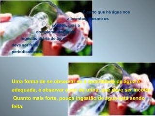 É certo que há água nos  alimentos, mesmo os  sólidos, mas a  complementação da  ingestão diária de água  deve ser feita,  periodicamente. Uma forma de se observar se a quantidade de água é adequada, é observar a cor da urina, que deve ser incolor.  Quanto mais forte, pouca ingestão de água está sendo feita. 