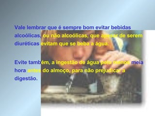 Vale lembrar que é sempre bom evitar bebidas alcoólicas,  ou não alcoólicas, que apesar de serem  diuréticas  evitam que se beba a água.   Evite tamb ém, a ingestão de água pelo menos  meia hora  antes do almoço, para não prejudicar a  digestão. 