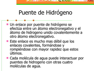 Puente de Hidrógeno Un enlace por puente de hidrógeno se efectúa entre un átomo electronegativo y el átomo de hidrogeno unido covalentemente a otro átomo electronegativo. Este enlace es mucho mas débil que los enlaces covalentes, formándose y rompiéndose con mayor rapidez que estos últimos. Cada molécula de agua puede interactuar por puentes de hidrogeno con otras cuatro moléculas de agua. 