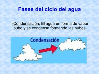Fases del ciclo del agua -Condensación.  El agua en forma de vapor sube y se condensa formando las nubes. 