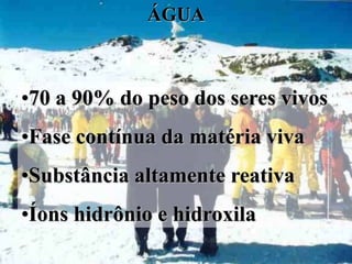 ÁGUA



•70 a 90% do peso dos seres vivos
•Fase contínua da matéria viva
•Substância altamente reativa
•Íons hidrônio e hidroxila
 