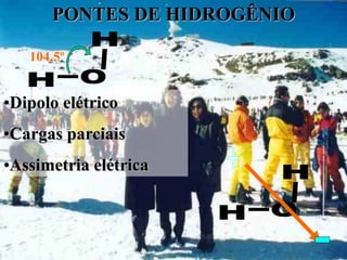 PONTES DE HIDROGÊNIO

   104,5º


•Dipolo elétrico
•Cargas parciais
•Assimetria elétrica
 