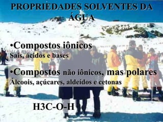 PROPRIEDADES SOLVENTES DA
          ÁGUA


•Compostos iônicos
Sais, ácidos e bases

•Compostos não iônicos, mas polares
Álcoois, açúcares, aldeídos e cetonas


       H3C-O-H
 