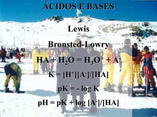ÁCIDOS E BASES

        Lewis
  Bronsted-Lowry
HA + H2O = H3O+ + A-
  K = [H+][A-]/[HA]
     pK = - log K
pH = pK + log [A-]/[HA]
 