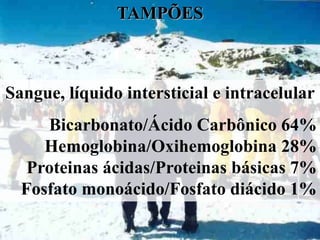 TAMPÕES



Sangue, líquido intersticial e intracelular
     Bicarbonato/Ácido Carbônico 64%
     Hemoglobina/Oxihemoglobina 28%
   Proteinas ácidas/Proteinas básicas 7%
  Fosfato monoácido/Fosfato diácido 1%
 