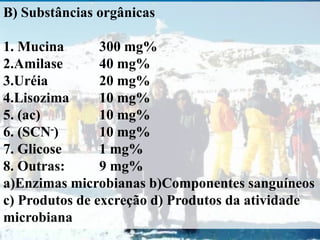 B) Substâncias orgânicas

1. Mucina       300 mg%
2.Amilase       40 mg%
3.Uréia         20 mg%
4.Lisozima      10 mg%
5. (ac)         10 mg%
6. (SCN-)       10 mg%
7. Glicose      1 mg%
8. Outras:      9 mg%
a)Enzimas microbianas b)Componentes sanguíneos
c) Produtos de excreção d) Produtos da atividade
microbiana
 