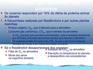Poluição por petróleo nos
oceanos
Os oceanos respondem por 16% da oferta de proteína animal
do planeta
A fotossíntese realizada por fitoplânctons e por outras plantas
marinhas:
Produz oxigênio, O2(g), que é liberado para a atmosfera
Consome gás carbônicos, CO2(g), que é retirado da atmosfera
O CO2(g) precipita para grandes profundidades, onde é arrastado lentamente
por correntes profundas demorando séculos para retornar à atmosfera
Os oceanos contêm 20 vezes mais CO2(g) do que o que há em todas as
florestas do mundo e em outras biomassas terrestres.
Se o fitoplâncton desaparecesse dos oceanos:
Falta de O2(g) na atmosfera
Morte dos seres
na superfície terrestre
Excesso de CO2(g) na atmosfera
Elevação na temperatura do planeta
e desequilíbrio nos ecossistemas
 