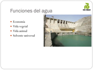 Funciones del agua Economía Vida vegetal Vida animal Solvente universal 