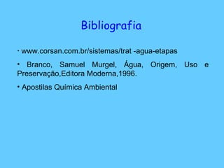 Bibliografia www.corsan.com.br/sistemas/trat -agua-etapas Branco, Samuel Murgel, Água, Origem, Uso e Preservação,Editora Moderna,1996. Apostilas Química Ambiental  