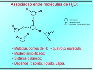 O
O
O
O
O
O
O
O
O
O
OXIGÊNIO
O HIDROGÊNIO
PONTES DE HIDROG
- Multiplas pontes de H: ~ quatro p/ molécula;
- Modelo simplificado;
- Sistema dinâmico;
- Depende T: sólido, líquido, vapor.
Associacão entre moléculas de H2O:
O
O
O
O
O
O
O
O
O
O
OXIGÊNIO
O HIDROGÊNIO
PONTES DE HIDROGÊNIO
 