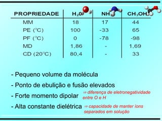 - Pequeno volume da molécula
- Ponto de ebulição e fusão elevados
- Forte momento dipolar
- Alta constante dielétrica
 diferença de eletronegatividade
entre O e H
 capacidade de manter íons
separados em solução
 