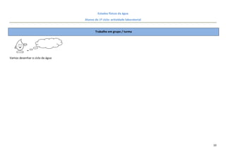 Estados físicos da água
                                 Alunos do 1º ciclo: actividade laboratorial


                                        Trabalho em grupo / turma




Vamos desenhar o ciclo da água




                                                                               10
 