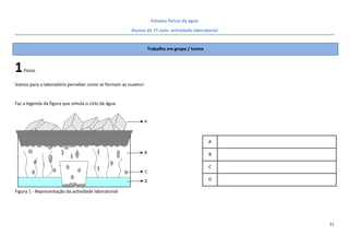 Estados físicos da água
                                                      Alunos do 1º ciclo: actividade laboratorial


                                                                  Trabalho em grupo / turma



1   Passo

Vamos para o laboratório perceber como se formam as nuvens!


Faz a legenda da figura que simula o ciclo da água


                                                              A



                                                                                              A

                                                              B                               B

                                                                                              C
                                                              C

                                                              D                               D

Figura 1 - Representação da actividade laboratorial




                                                                                                    11
 
