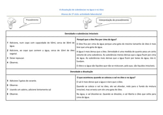 A dissolução de substâncias na água e no óleo
                                                 Alunos do 1º ciclo: actividade laboratorial

                    Procedimento                                                         Interpretação do procedimento




                                                    Densidade e substâncias imiscíveis

                                                                 Porquê que o óleo fica por cima da água?
1 Adicione, num copo com capacidade de 50ml, cerca de 30ml de
                                                                 O óleo fica por cima da água porque uma gota do mesmo tamanho de óleo é mais
  água.                                                          leve que uma gota de água.
2 Adicione, ao copo que contem a água, cerca de 10ml de óleo
                                                                 A água é mais densa que o óleo. Densidade é uma medida de quanto pesa um certo
  vegetal.                                                       volume de uma substância. As substâncias menos densas que a água ficam por cima
3 Deixe repousar.                                                da água. As substâncias mais densas que a água ficam por baixo da água, isto é,
4 Observe.
                                                                 fundam.
                                                                 O óleo e a água são líquidos que não se misturam, pelo que, são líquidos imiscíveis.

                                                          Densidade e dissolução

                                                                 O que aconteceu quando se colocou o sal no óleo e na água?
5 Adicione 3 gotas de corante.
                                                                 O sal é mais denso que a água e claro que o óleo.
6 Observe.
                                                                 Quando se coloca o sal no óleo, ele vai afundar, indo para o fundo da mistura
7 Usando um saleiro, adicione lentamente sal                     imiscível, mas arrasta com ele uma gota de óleo.
8 Observe.                                                       Na água, o sal dissolve-se. Quando se dissolve, o sal liberta o óleo que volta para
                                                                 cima da água.
 