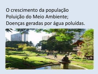 O crescimento da população 
Poluição do Meio Ambiente; 
Doenças geradas por água poluídas. 
 