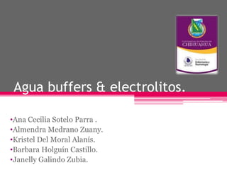 Agua buffers & electrolitos.

•Ana Cecilia Sotelo Parra .
•Almendra Medrano Zuany.
•Kristel Del Moral Alanís.
•Barbara Holguín Castillo.
•Janelly Galindo Zubia.
 